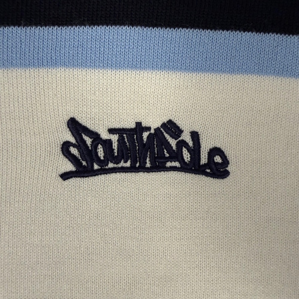 Southpole‎ Mens Striped Knit Sweater Short Sleeve Blue Cream Y2K Vintage Large - Picture 7 of 7